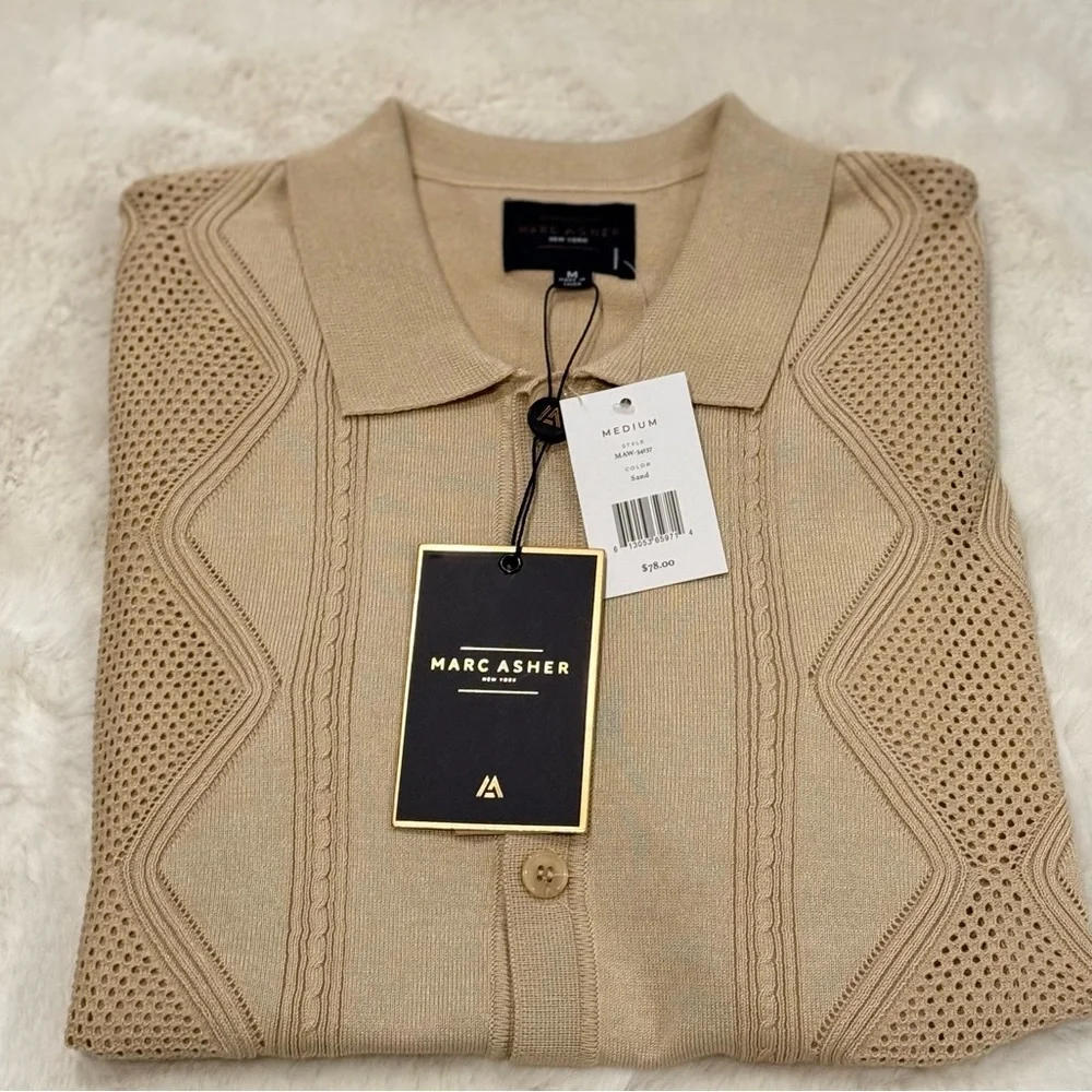 Marc Asher Men's Sand Knit Short Sleeve Button-Up Shirt Geometric Pattern M